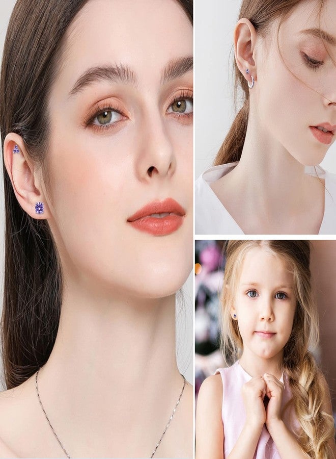 EPIRORA 925 Sterling Silver Stud Earrings Set for Women Men, Hypoallergenic Amethyst Cubic Zirconia Stud Cartilage Helix Earrings, 5 Pairs Silver Hoop Earring Studs Sets for Multiple Piercing - Image 2